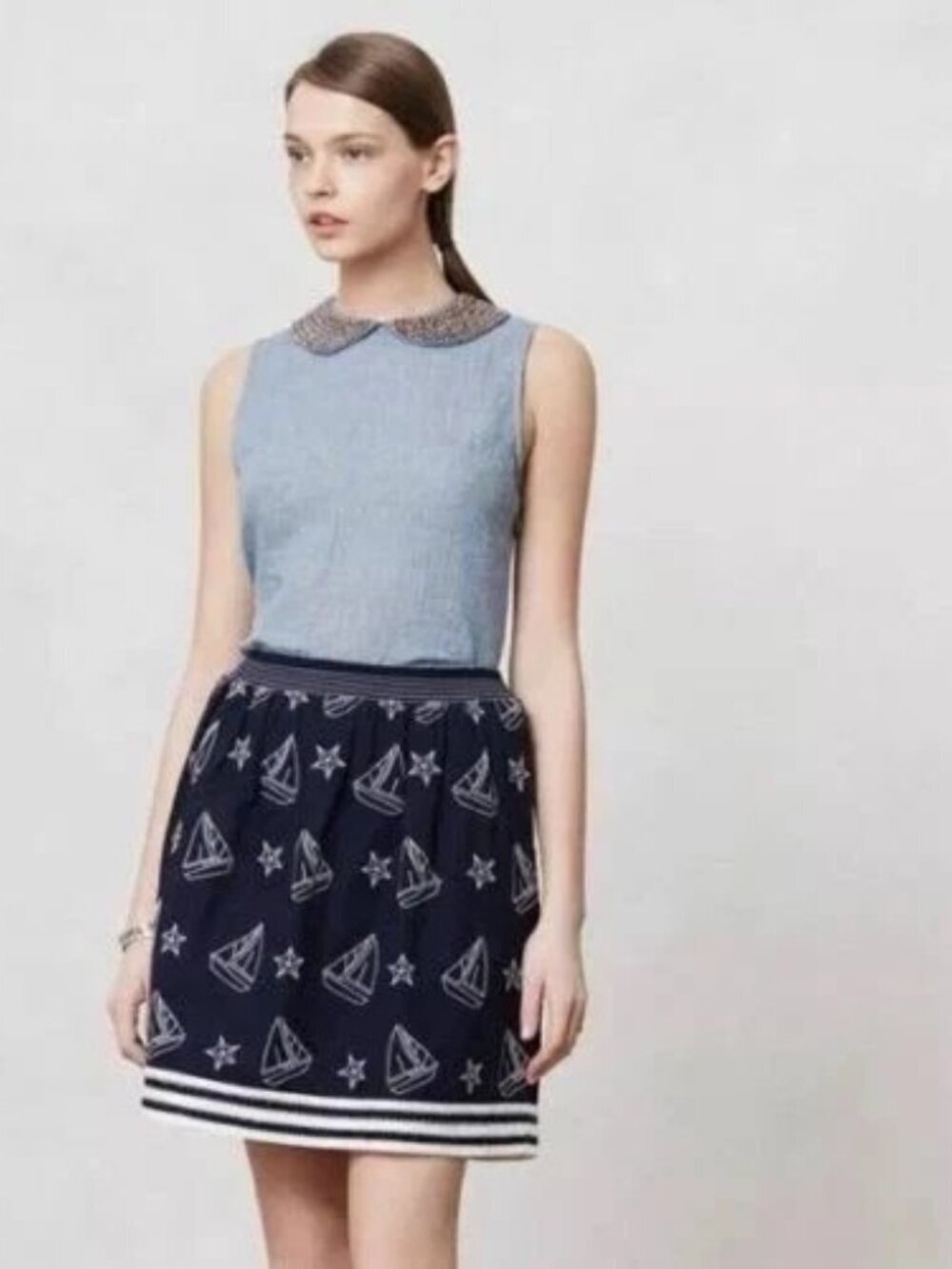 Anthropologie Postmark STAR CHART SKIRT Sailboats Nautical Medium/Large READ